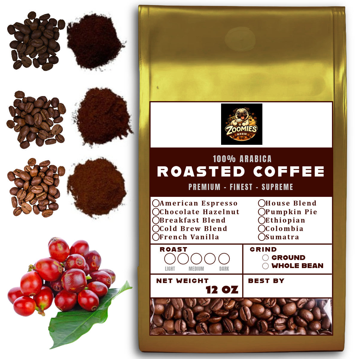 12 OZ Coffee Flavored & Nonflavored Organic Supreme Finest Premium American Espresso Breakfast Cold Brew House Vanilla Chocolate Hazelnut Pumpkin French Vanilla Ethiopia Colombia Sumatra Brazil more