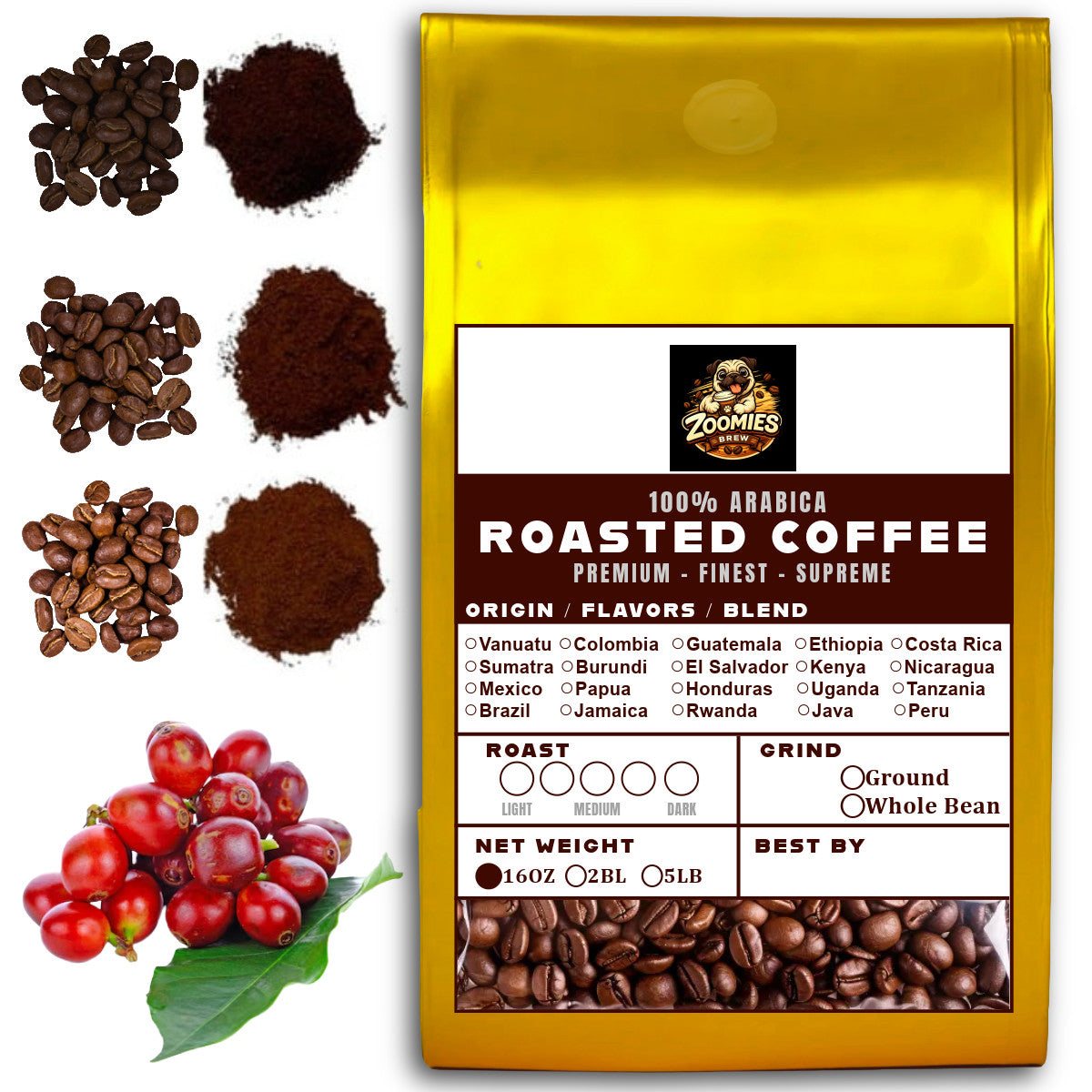 16 OZ Specialty Whole Bean and Ground Coffee Supreme Finest Artisan for Drips Cold Brew Espresso French Press Dark Medium Light Roast from Vanuatu Sumatra Ethiopia Brazil Kenya Colombia Guatemala Burundi Costa Rica East Java El Salvador Honduras etc
