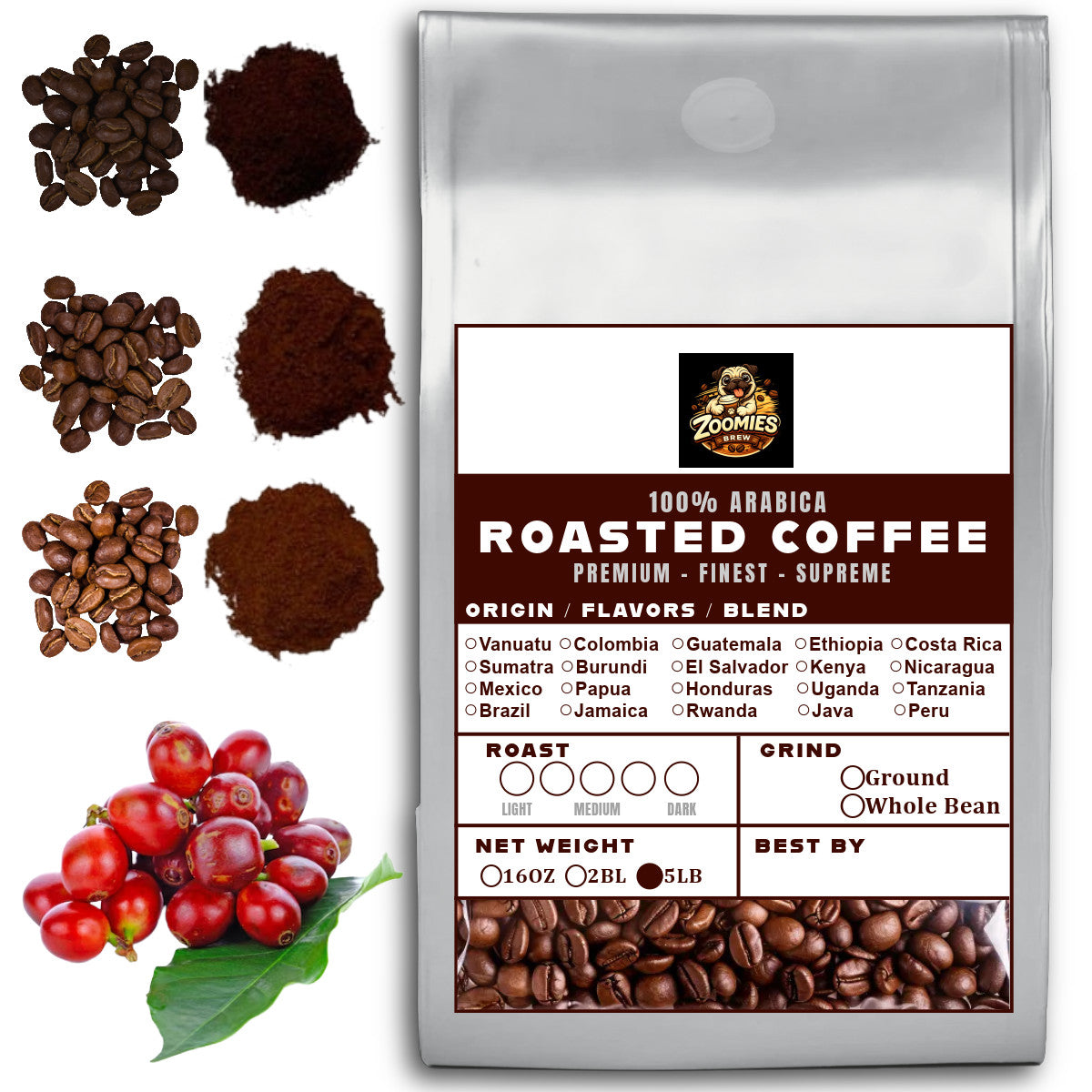 5LB Specialty Whole Bean and Ground Coffee Supreme Finest Artisan for Drips Cold Brew Espresso French Press Dark Medium Light Roast from Vanuatu Sumatra Ethiopia Brazil Kenya Colombia Guatemala Burundi Costa Rica Indonesia Java El Salvador Honduras etc